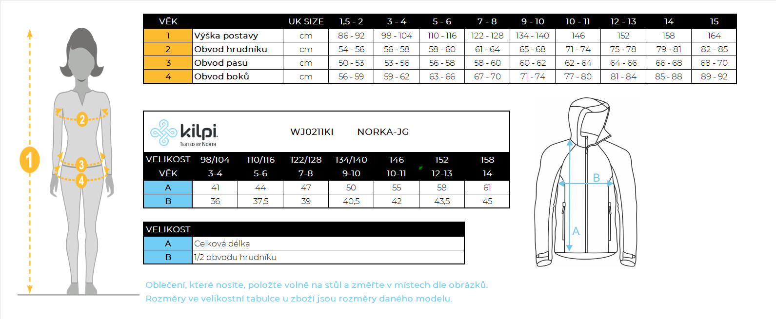 Kilpi Norka JG - velikostní tabulka